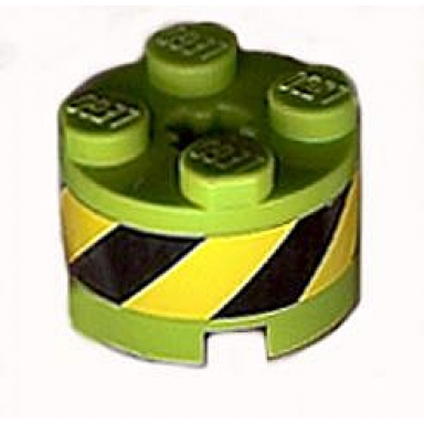 lime brick round 2 x 2 with axle hole with black and yellow danger stripes pattern sticker - set 8968