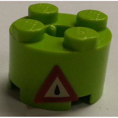 lime brick round 2 x 2 with axle hole with dark red triangle danger sign with oil drop pattern sticker - sets 7298 7477