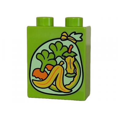 lime duplo brick 1 x 2 x 2 with yellowish green garbage bag with fruit and vegetable organic waste banana peel apple core melon rind carrot stems patt
