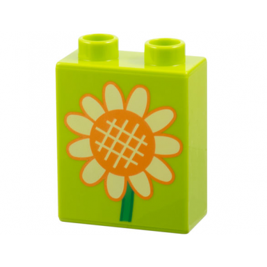 lime duplo brick 1 x 2 x 2 with orange and bright light yellow sunflower with bright green stem pattern