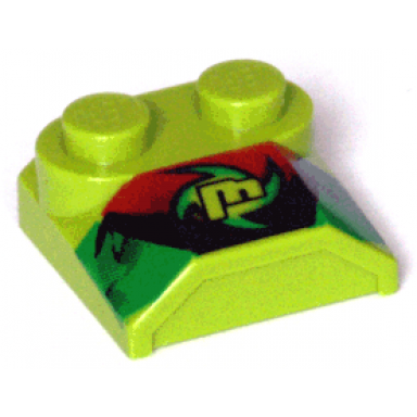 lime slope curved 2 x 2 x 2 3 with 2 studs and curved sides lip end with m black red green pattern