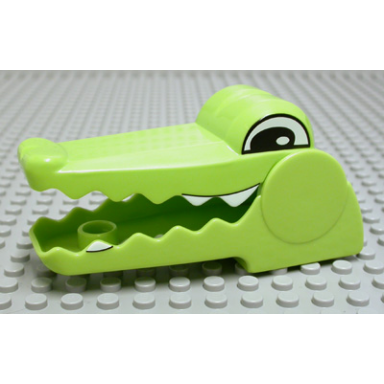 lime duplo figure head animal 2 x 2 base alligator crocodile with opening jaw with black and white eyes and teeth pattern