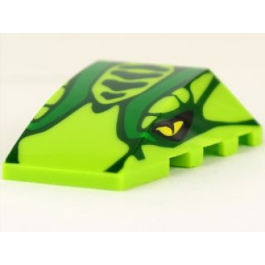 lime wedge 4 x 4 triple curved no studs with snake head with dark green scales green stripes and yellow eyes pattern
