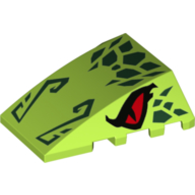 lime wedge 4 x 4 triple curved no studs with red eyes and dark green scales and nose pattern