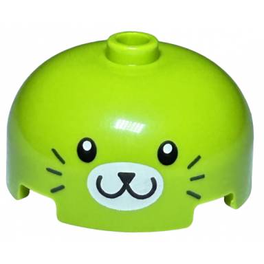 lime brick round 3 x 3 x 1 1 3 dome top - open stud with black eyes nose and mouth dark green whiskers and white oval muzzle pattern cactus