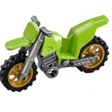 lime motorcycle dirt bike with flat silver chassis long fairing mounts and pearl gold wheels