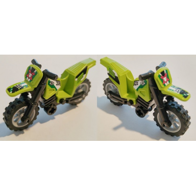 lime motorcycle dirt bike with black chassis long fairing mounts and light bluish gray wheels with team extreme logo 21 and exhaust pattern stickers - set 8896