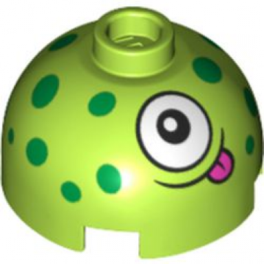 lime brick round 2 x 2 dome top with green dots white eye and dark pink tongue pattern