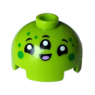 lime brick round 2 x 2 dome top with alien face with 3 black eyes and mouth white pupils medium lavender tongue and green spots pattern