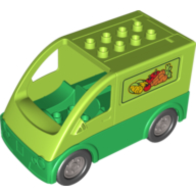 lime duplo van rounded windshield with black wheels and green base with vegetables pattern - with rear door