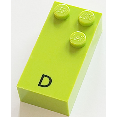 lime brick braille 2 x 4 with 3 studs with black capital letter d pattern dots-145 â  french with antoine numbers