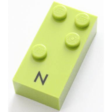 lime brick braille 2 x 4 with 4 studs with black capital letter n pattern dots-1345 â 