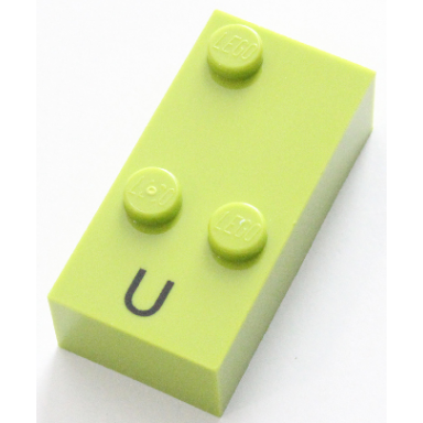 lime brick braille 2 x 4 with 3 studs with black capital letter u pattern dots-136 â ¥