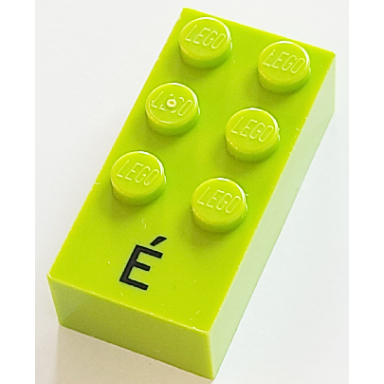 lime brick braille 2 x 4 with 6 studs with black capital letter e with acute ã pattern dots-123456 â ¿ french with antoine numbers