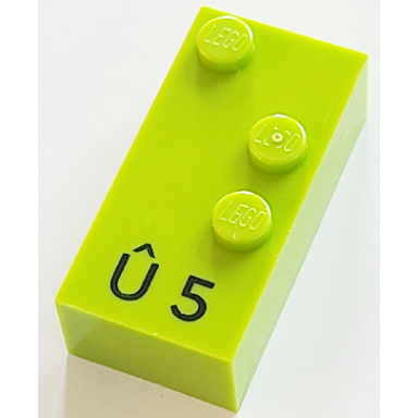 lime brick braille 2 x 4 with 3 studs with black capital letter u with circumflex ã number 5 pattern dots-156 â ± french with antoine numbers