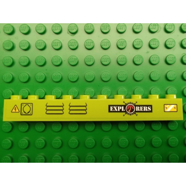 lime brick 1 x 10 with volcano explorers logo vents electrical hazard symbol and yellow metal plate pattern sticker - set 60124