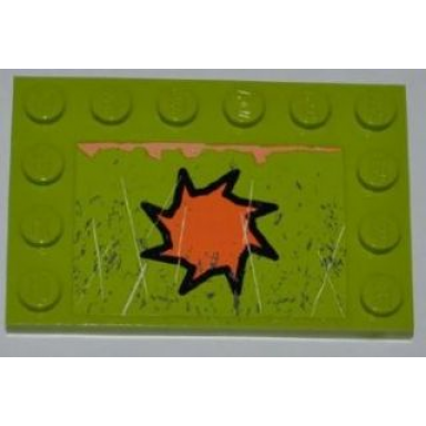 lime tile modified 4 x 6 with studs on edges with orange 8-point star rust and scratches pattern sticker - set 8964