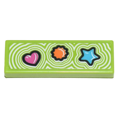 lime tile 1 x 3 with dark pink heart orange flower and medium azure star clikits icons pattern sticker - set 71741