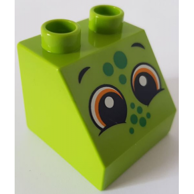 lime duplo brick 2 x 2 x 1 1 2 slope 45 with 2 eyes and green spots pattern lizard