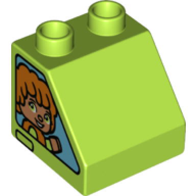 lime duplo brick 2 x 2 x 1 1 2 slope 45 with girl with lime eyes pattern on both sides
