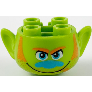 lime minifigure head modified trolls with orange eyebrows sideburns stubble and piece of wheat medium azure eyes and nose wide grin pattern