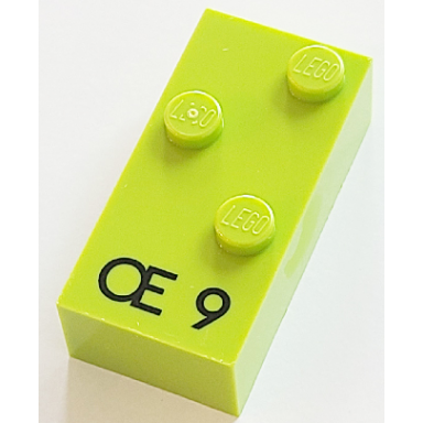 lime brick braille 2 x 4 with 3 studs with black capital ligature å number 9 pattern dots-246 â ª french with antoine numbers