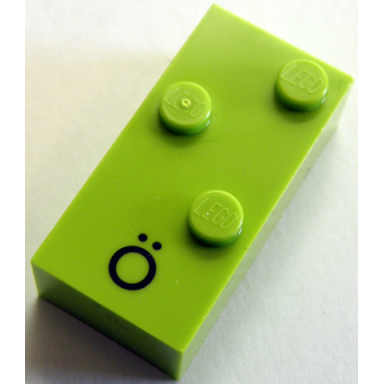 lime brick braille 2 x 4 with 3 studs with black capital letter o with diaeresis ã pattern dots-246 â ª german