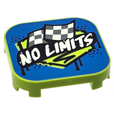 lime tile modified 4 x 4 with rounded corners and 4 feet with white no limits on black banner and dark bluish gray checkered flags on blue background pattern