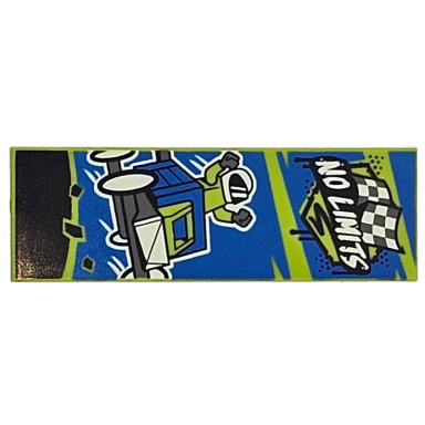 lime tile 2 x 6 with white no limits on black banner dark bluish gray checkered flags and soapbox race car with driver on blue background pattern