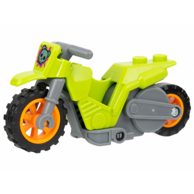 lime stuntz flywheel motorcycle dirt bike with dark bluish gray frame orange wheels and dark bluish gray handlebars with metallic light blue bear skull on magenta splotch pattern
