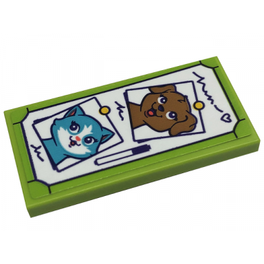 lime tile 2 x 4 with medium nougat dog and medium azure cat pictures with dark purple pen and writing on white background pattern sticker - set 41699