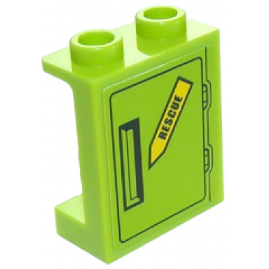 lime panel 1 x 2 x 2 with side supports - hollow studs with black rescue on yellow arrow and black door hatch pattern sticker - set 60123