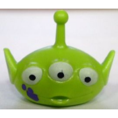 lime minifigure head modified alien with antenna with three white eyes and dark purple splotches pattern