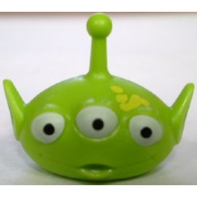 lime minifigure head modified alien with antenna with three white eyes and yellow splotches pattern