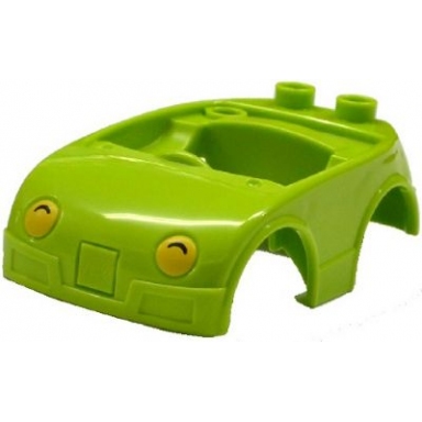 lime duplo car body with 2 studs on back and yellow headlights with black shadow pattern fits over car base 2 x 4