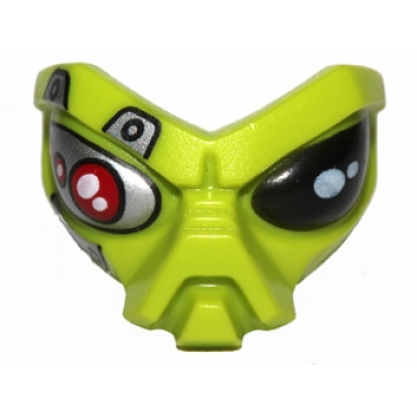 lime face alien with black eye and silver and red mechanical eye pattern