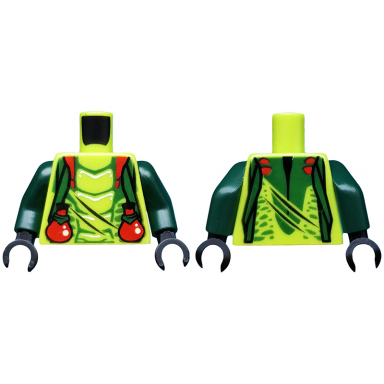 lime torso ninjago snake with dark green straps and red vials pattern spitta dark green arms black hands