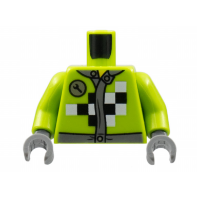 lime torso mechanic racing jacket with wrench and black and white checkered pattern lime arms dark bluish gray hands