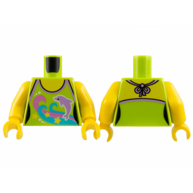 lime torso female halter top with stars dark pink and medium azure waves medium lavender dolphin and white dots yellow neck and shoulders pattern yellow arms yellow hands