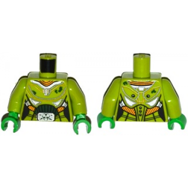 lime torso female silver and gold space armor with green dirt and belt buckle with ultra agent toxic pattern lime arms bright green hands