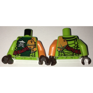 lime torso ninjago scales green stomach ninja skull with crossed swords shoulder armor pattern orange arm left lime arm right dark brown hands