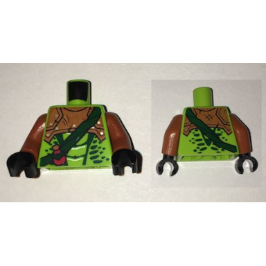 lime torso ninjago snake with dark orange armor dark green crossbelt and red vial pattern zoltar dark orange arms black hands