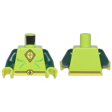lime torso muscles outline with yellow kite diamond shape logo and belt pattern dark green arms lime hands