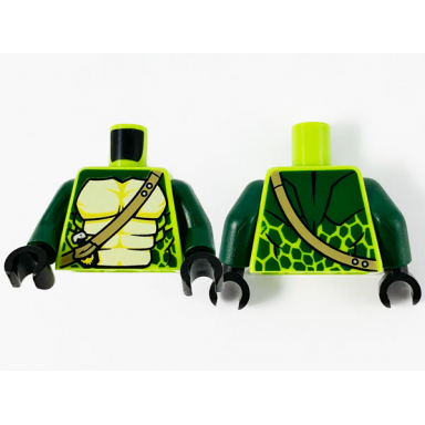 lime torso ninjago snake with dark tan shoulder belt and green and tan scales pattern dark green arms black hands spitta