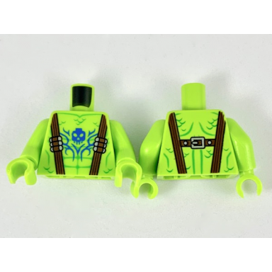lime torso dark brown suspenders with silver bullets green muscle and scale lines blue skull and filigree tattoo pattern lime arms lime hands