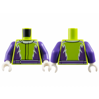 lime torso jacket with dark purple flames and belt pattern dark purple arms white hands