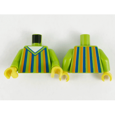 lime torso sweater v-neck orange and blue stripes and white shirt pattern lime arms yellow hands