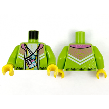 lime torso jacket with dark pink collar yellow chest id card medium azure rosettes and star pendant necklace pattern lime arms yellow hands