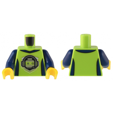 lime torso t-shirt with gaming logo minifigure head with headset and game controller sunglasses dark blue collar and side panels pattern dark blue arms yellow hands