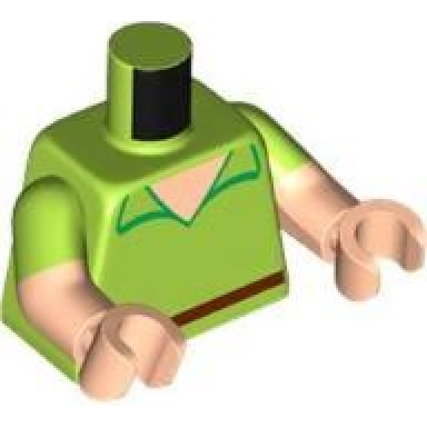 lime torso shirt with open collar light nougat neck reddish brown belt pattern light nougat arms with molded lime short sleeves pattern light nougat hands